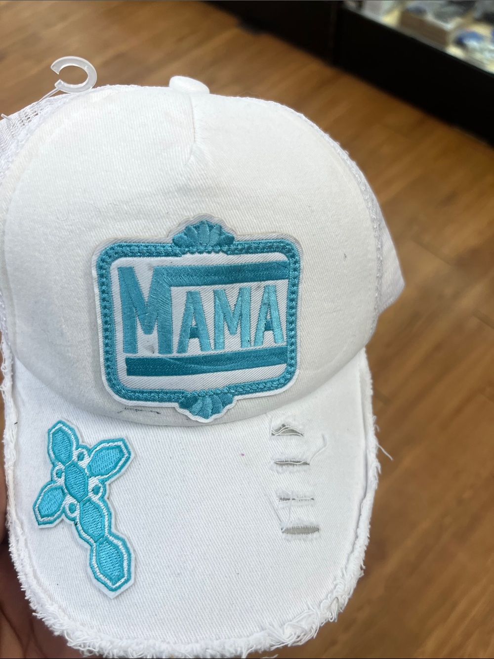 White 'MAMA' Patch Baseball Cap with Teal Embroidery